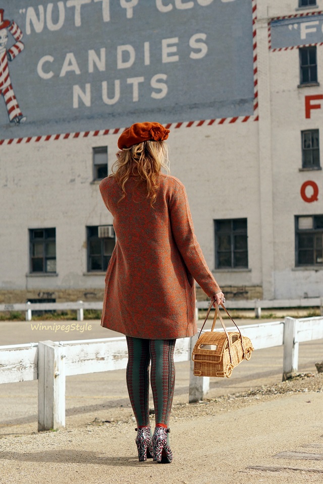 Winnipeg Style, fashion consultant, stylist, Chie Mihara suede patent leather tile Norman shoes Made in Spain, Chiaramente orange tan made in Italy sweater coat, Tabbisocks over the knee snowflake texture vintage green socks, Kate Spade Vita Riva wicker car purse, Forever 21 geniune suede wine burgundy dress, Toucan collection burnt orange floral wool beret